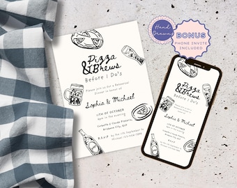 Wedding Rehearsal Dinner Invitation | Pizza & Brews Before I Do&#39;s Editable Template | Night Before Fun Hand-Drawn Black White scribble, CAS1