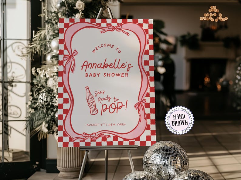 She’s Ready to Pop Baby Shower Welcome Sign – 50s Soda Pop-Inspired Canva Template. This Baby Shower Sign Template is a charming and playful way to welcome guests to a bubbly baby bash. Designed in a retro 1950s soda pop shop style, it features whimsical hand-drawn details of a bottle of Cola, glass of pop & a dirty soda, with a wavy pink & red border tied with bows on a red & white chequered background. Retro vintage style whimsical fonts are also used. Gender-neutral baby shower. 18x24, 20x30