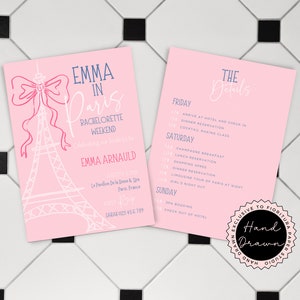 Modello di invito e itinerario per il weekend di addio al nubilato parigino / French Coquette disegnato a mano con fiocco rosa della Torre Eiffel / OUI1