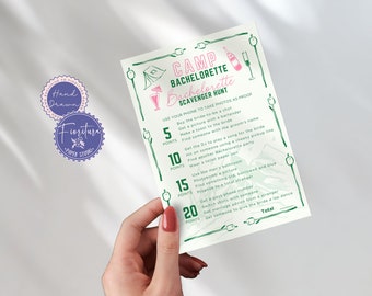 Camp Bachelorette speurtocht spelsjabloon, afdrukbare canvas DIY bruid, grillige handgetekende roze groene kippen laatste trail Before Veil CAMP1