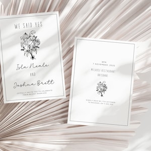 Invitación floral para una boda fugaz / Garabatos extravagantes dibujados a mano / Plantilla de Canva de doble cara para hacer uno mismo / Felices para siempre / Invitación con arte original / Flo1