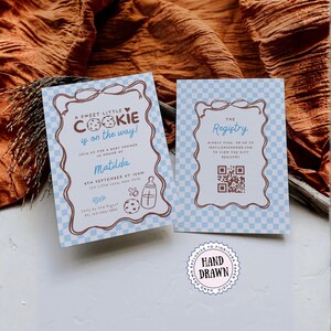 May include: Baby shower invitations with a blue and white checkered pattern. The front of the invitation reads "A Sweet Little Cookie is on the way!" and includes details for the event. The back of the invitation says "The Registry" and includes a QR code.