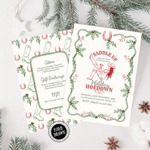 May include: Two cream-colored holiday party invitations. One features a cowboy boot and horseshoe pattern, the other has a red cowgirl illustration. Text includes "Saddle Up" and "Holiday Hoedown".