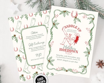 Puede incluir: Dos invitaciones crema para fiestas navideñas. Una presenta un patrón de bota de vaquero y herradura, la otra una ilustración de vaquera roja. El texto incluye "Saddle Up" y "Holiday Hoedown".
