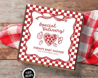 Special Delivery Baby Shower Pizza Box Label | Printable Canva Template | Editable Pregnancy Announcement | Hand-Drawn Italian Style, PIZ3