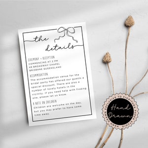 Tarjeta de detalles de invitación de boda con lazos dibujados a mano / Plantilla de Canva editable / Boda coqueta minimalista vintage en blanco y negro / Lazo peculiar1