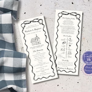 May include: Black and white wedding ceremony programme with a hand-drawn illustration of a church. The programme includes the order of events for the ceremony and reception, including the wedding party, the timeline, and a thank you message from the couple. The text reads "Welcome to the marriage celebration of Madison & Benjamin, Sunday, October 13th, 2018, Little White Wedding Chapel, Maleny, Queensland, The Ceremony, The Wedding Party, The Timeline, Thank you, Madison & Benjamin".
