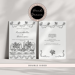 Handgezeichnete elegante Blumen & Wimpel Hochzeitseinladung bearbeitbare Canva Vorlage | Black and White Vintage Cottage Kern DIY schrullig einladen C1