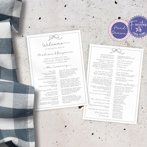 Plantilla para programa de misa nupcial de boda católica / 5x7, doble cara, blanco y negro / borde con moño caprichoso dibujado a mano / Orden del servicio / CAS1