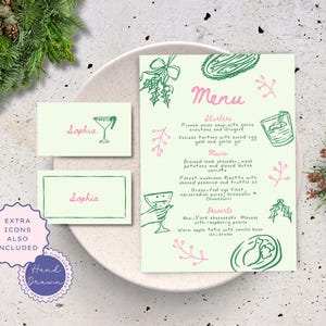 Modèles de menu et de marque-places modifiables pour cocktail dînatoire des fêtes, Jingle and Mingle, Noël fantaisiste dessiné à la main, rose vert amusant, joyeux