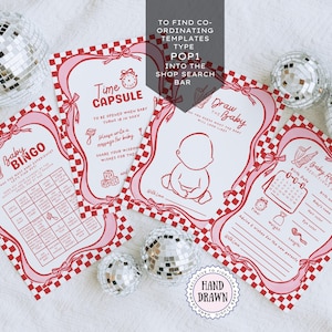 She’s Ready to Pop Baby Shower games suite – 50s Soda Pop-Inspired Canva games Templates. 20 games included. These games are a charming and playful way to entertain guests at a bubbly baby bash. Designed in a retro 1950s soda pop shop style, they feature whimsical hand-drawn details of a bottle of Cola, glass of pop & a dirty soda, with a wavy pink & red border tied with bows on a red & white chequered background. Retro vintage style whimsical fonts are also used. Gender-neutral baby shower