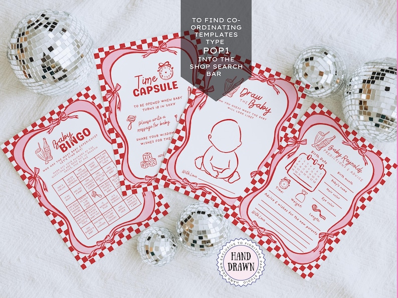 She’s Ready to Pop Baby Shower games suite – 50s Soda Pop-Inspired Canva games Templates. 20 games included. These games are a charming and playful way to entertain guests at a bubbly baby bash. Designed in a retro 1950s soda pop shop style, they feature whimsical hand-drawn details of a bottle of Cola, glass of pop & a dirty soda, with a wavy pink & red border tied with bows on a red & white chequered background. Retro vintage style whimsical fonts are also used. Gender-neutral baby shower