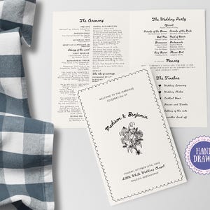 May include: A wedding ceremony programme with a white background and black text. The programme includes the order of events, the wedding party, and the timeline. The programme is decorated with a floral illustration and the names "Madison & Benjamin". The programme is dated Sunday, October 15th, 2024 and the location is Little White Wedding Chapel, Maleny, Queensland.