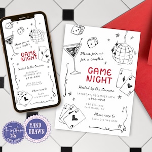 Modèle d'invitation de soirée jeux de couple, noir rouge amusant lunatique invitation de téléphone dessinée à la main, fête à la maison avec des amis, jeux de société, PARTIE1