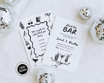 Stock the Bar Couples Bridal Shower Invitation Template, Whimsical Hand-Drawn Scribble, Modern Minimalist Black White Engagement Party, STO1