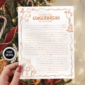 May include: A hand-drawn Christmas-themed card with the text "A Magical Gingerbread Adventure" in brown. The card features gingerbread man and house illustrations, along with a story about a gingerbread adventure.