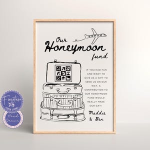 Huwelijksreisfonds QR-code trouwbord | Bewerkbare canvassjabloon | Zwart-wit leuke handgetekende grillige koffer krabbel illustratie | XTRA