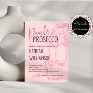 Modèle d'invitation nuptiale de douche de perles et prosecco | Invitation sur toile modifiable amusante lunatique dessinée à la main | Fête de douche élégante rose pêche PP1