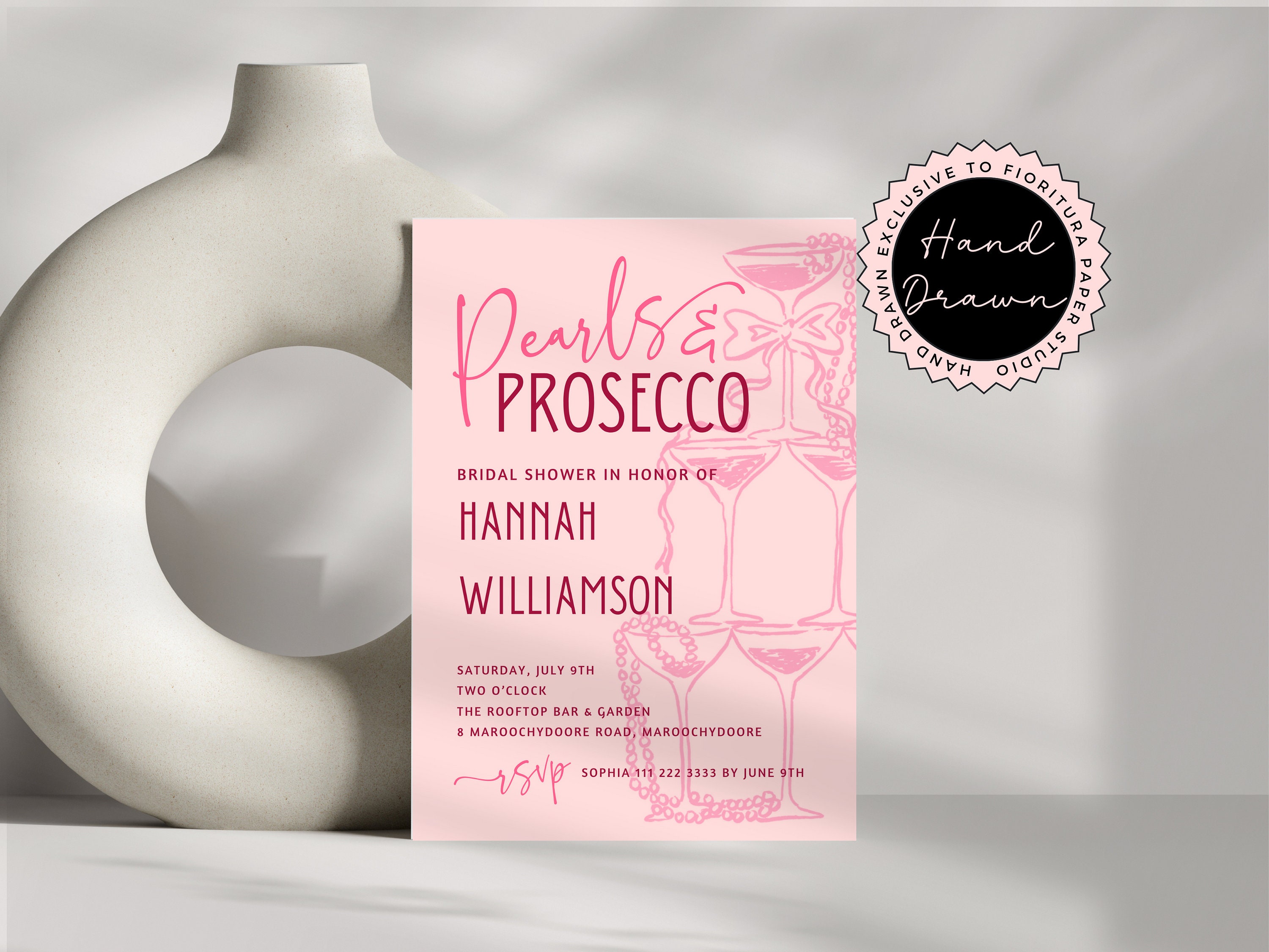Pearls & Prosecco Bridal Shower Invitation Template | Hand Drawn Whimsical Fun Editable Canva Invite | Pink Peach Elegant Shower Party PP1
