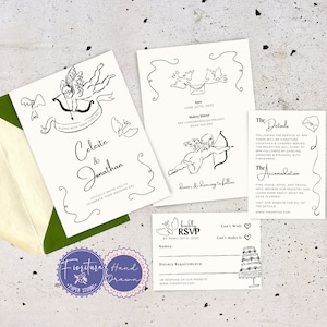 Bruiloftsuitnodiging bewerkbare canvassjabloon, leuke krabbel RSVP en details, romantische grillige handgetekende duif Cupido-illustraties, RDOV1