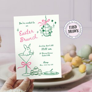 May include: A green and pink Easter brunch invitation with a bunny in a martini glass, a disco ball, and the text "You're invited to an *Easter* Brunch".
