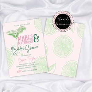 Margs & Matrimony sjabloon vrijgezellenfeest | Margaritacocktail roze groen grillig leuk eigenzinnig retro handgetekende kunst | MARG1