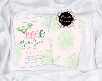 Margs & Matrimony Bridal Shower Party Invitation Template | Margarita Cocktail Pink Green Whimsical Fun Quirky Retro Hand-Drawn Art | MARG1