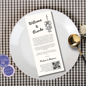 Hochzeit Willkommen & Danke Tischkarte mit QR-Code | Bearbeitbare Canva Vorlage | Handgezeichnete Schwarz-Weiß-Speisekarte, Elegante Kokette, CAS1