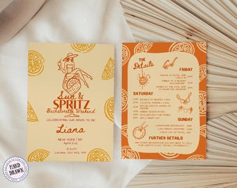 May include: Two-sided invitation card with a bachelorette weekend theme. The front features a woman in a cocktail glass, the text "Sun & Spritz", and the bride's name. The back details the weekend's schedule with orange and white illustrations.
