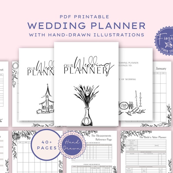 40+ Page Whimsical Hand-Drawn Wedding Planner Printable PDF | Black White Fun Bridal organisation checklists for Ceremony & Reception, PLAN1