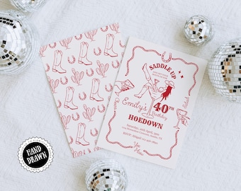40. Geburtstag Hoedown Einladung Vorlage | Reckless in Texas | 40er Jahre Rodeo | Cowgirls-Cocktails, Spaß-von Hand gezeichnete Frauen-Western laden COWB2 ein