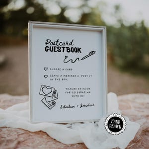 Cartello per libro degli ospiti di nozze con cartolina / Alternativa al libro degli ospiti stampabile, modello per cartello per ricevimento Canva, cartello divertente disegnato a mano, decorazione per cartolina EXTRA
