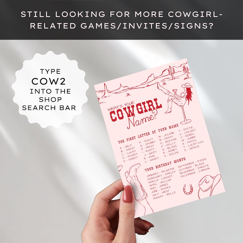 Editable cowgirl pink & red "Reckless in Texas" themed "What did the Groom say?" Bachelorette digital slideshow trivia game for a brides "last rodeo". Add the groom's video responses to the questions for an interactive experience. Play as a PowerPoint style slideshow in Canva or download and play on your TV or send to your guests' phones. Features a hand-drawn images of a cowgirl in a cocktail glass with Ace of hearts symbols & western style fonts. Free Guest scorecard & extra questions included
