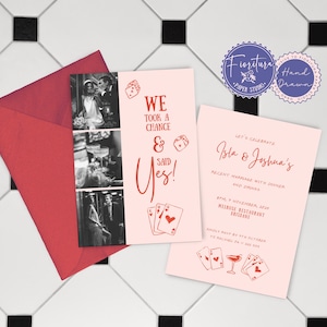 Lucky in Love Hochzeit Elopement Fotomitteilung & Einladungs-Vorlage | In Canva | bearbeiten Lustige handgezeichnete rosa rote Vegas-Illustrationen, LUC1