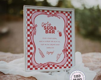 Ready to Pop Dirty Soda Bar Sign, 50s Retro Baby Shower Bar Menu (Digital Download, Editable in Canva), Red White Pink Bows, POP1