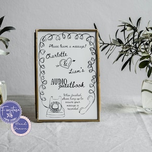 Audio-gastenboekbord voor bruiloft voor op tafel | Bewerkbare canvassjabloon | Leuke handgetekende retro telefoonillustratie | Loopy hartrand | XTRA