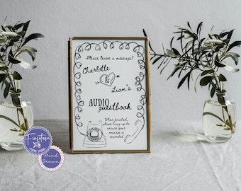 Wedding Audio Guest Book Sign for Table | Editable Canva Template | Fun Hand-Drawn Retro Telephone Illustration | Loopy Heart Border | XTRA