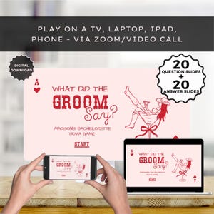Editable cowgirl pink & red "Reckless in Texas" themed "What did the Groom say?" Bachelorette digital slideshow trivia game for a brides "last rodeo". Add the groom's video responses to the questions for an interactive experience. Play as a PowerPoint style slideshow in Canva or download and play on your TV or send to your guests' phones. Features a hand-drawn images of a cowgirl in a cocktail glass with Ace of hearts symbols & western style fonts. Free Guest scorecard & extra questions included