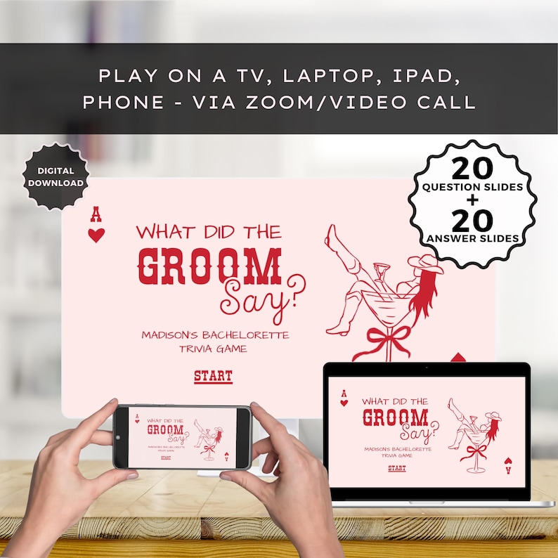 Editable cowgirl pink & red "Reckless in Texas" themed "What did the Groom say?" Bachelorette digital slideshow trivia game for a brides "last rodeo". Add the groom's video responses to the questions for an interactive experience. Play as a PowerPoint style slideshow in Canva or download and play on your TV or send to your guests' phones. Features a hand-drawn images of a cowgirl in a cocktail glass with Ace of hearts symbols & western style fonts. Free Guest scorecard & extra questions included