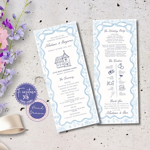 May include: A wedding ceremony program with a blue and white floral design. The program includes the wedding party, the ceremony order, and a timeline of the day's events. The text includes the names "Madison & Benjamin" and the date "Sunday, October 13th, 2024".