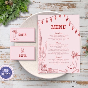 Plantillas editables de menú y tarjetas de ubicación para cenas navideñas, fiesta campestre al estilo del oeste para niñas, dibujada a mano, en tonos rosa y rojo, alegre