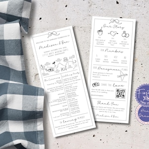 Programa de boda con datos curiosos y tarjeta infográfica / Borde de lazo dibujado a mano en blanco y negro / Editar en plantilla de Canva / Orden de servicio cristiano / BOW1