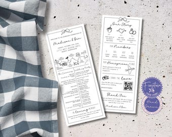 Fun Fact Hochzeitsprogramm & Infografik-Karte | Schwarz Weiß Handgezeichnete Schleife Borte | In Canva Vorlage bearbeiten | Christlicher Ordensdienst | SCHLEIFE1
