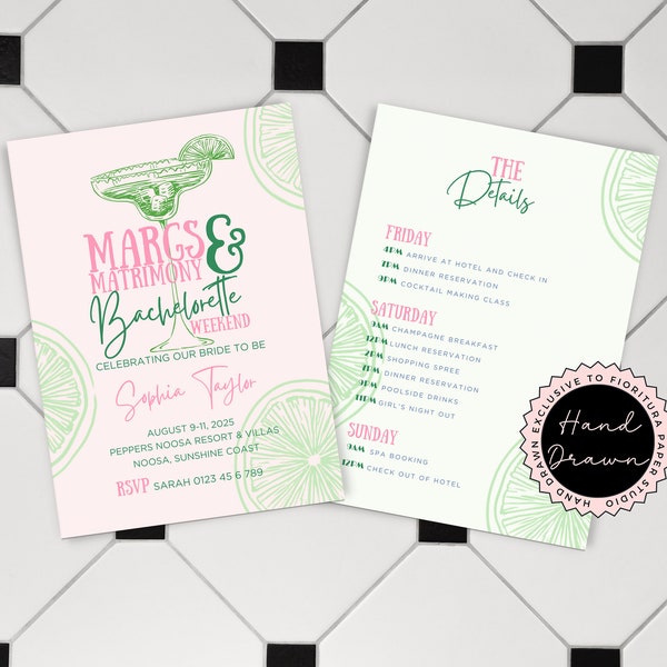 Margs and Matrimony Bachelorette Party Weekend Invitation & Itinerary Template | Whimsical Hand-Drawn Margarita cocktail Pink Green | MARG1