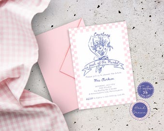 She&#39;s Fresh off the Market Bridal Shower Invitation, Hand-Drawn Whimsical Floral Scribble, Editable Template, Pink Blue Bridal Brunch, MAR1
