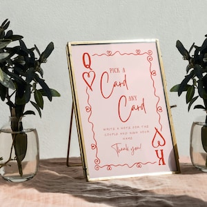 Playing Cards Wedding Guest Book Sign | Personalized Editable Custom Canva Template | Pink Red Whimsical Fun Hand-Drawn illustrations, LUC1