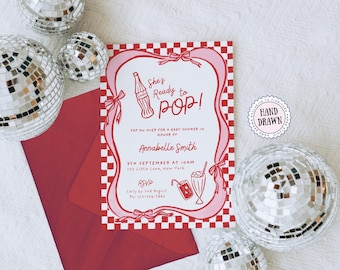 She's Ready to Pop Baby Shower Invitation Template, Pink & Red Whimsical Hand-Drawn 50s Style Soda Pop Invite, Gender Neutral Printable POP1