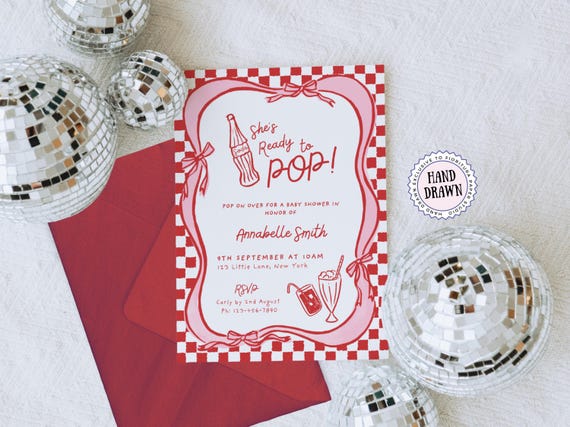 She's Ready to Pop Baby Shower Invitation Template, Pink & Red Whimsical Hand-Drawn 50s Style Soda Pop Invite, Gender Neutral Printable POP1