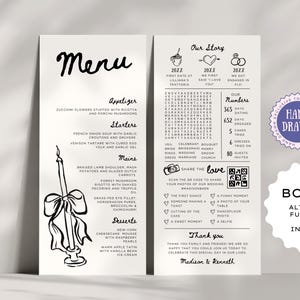 Infographie et modèle de menu de mariage Faits amusants | Illustrations dessinées à la main élégantes et décontractées de gribouillis | Dîner de réception | 4x9 modifiable, CAS1