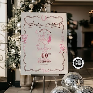 Yee-Haw and Saddle up with a Wild Western Hoedown Themed 40th Birthday Party Welcome Sign Template. It features pink & brown hand-drawn images of a cowgirl sitting in a cocktail glass with boots & hat, holding a cocktail with one boot in the air on a cream background with a wavy rope border & desert landscape. Use for a cocktail party, Barn, Line dance or informal gathering with a modern Southwestern Vibe. Editable & Customisable in Canva. Included 24 x 36, 18 x 24, 20 x 30, A1 and A2 sizes